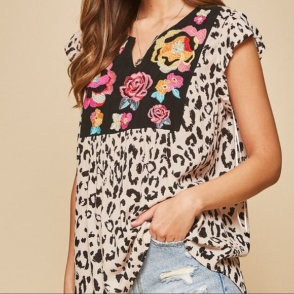 Savannah Jane Tops - Savannah Jane Animal Print Top with Floral Embroidered Collar | L